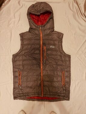 Stio Brown Hooded Down Vest with Orange Accents Size Medium